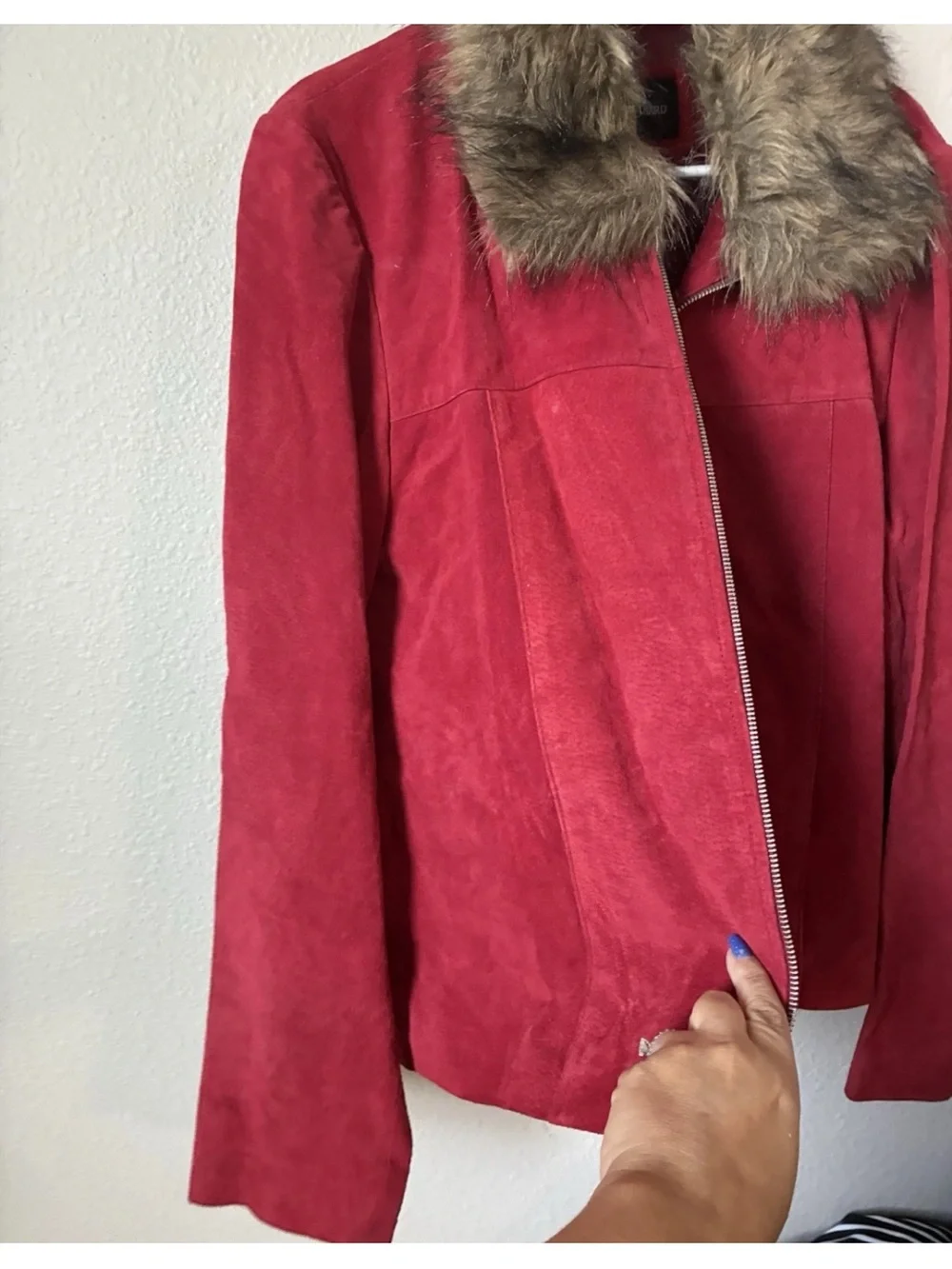 JohnPaulRichard Red Faux-Suede Jacket with Faux-Fur Collar